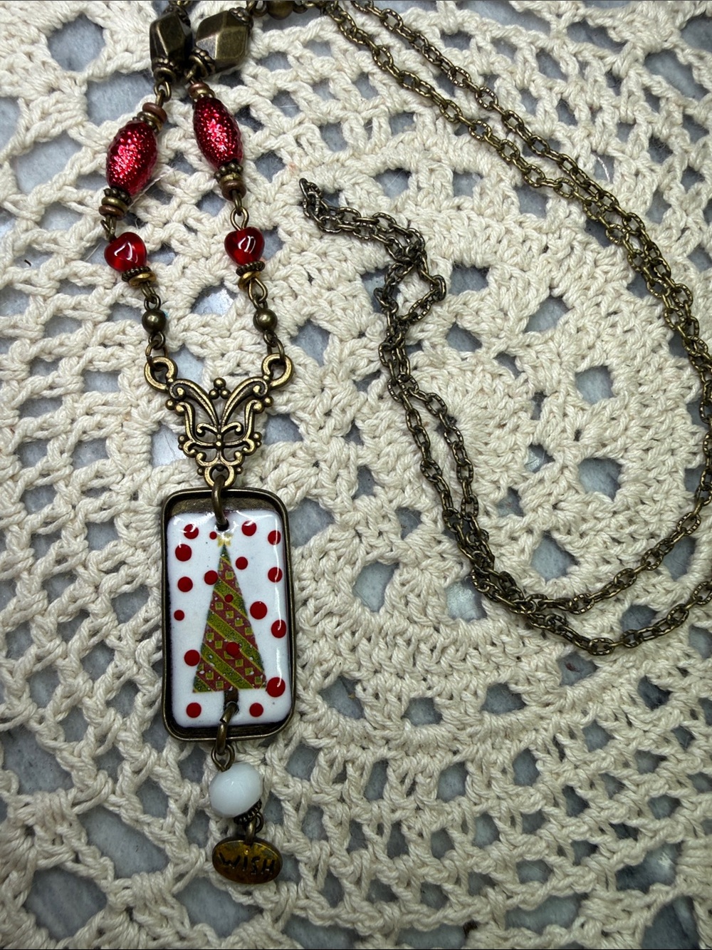 Vintage-Inspired Red & White Christmas Tree Pendant Necklace